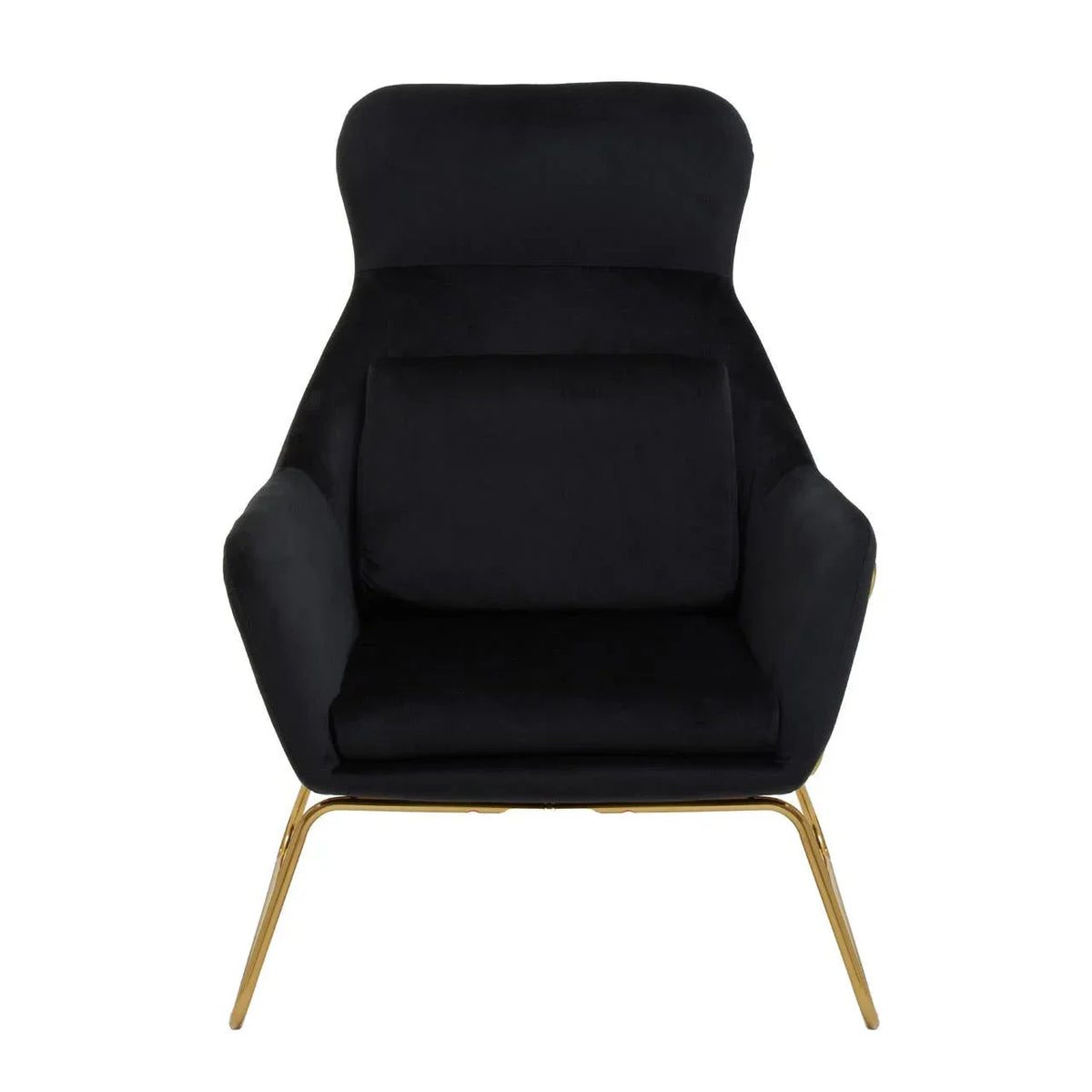 Black velvet accent chair with gold metal legs, front view