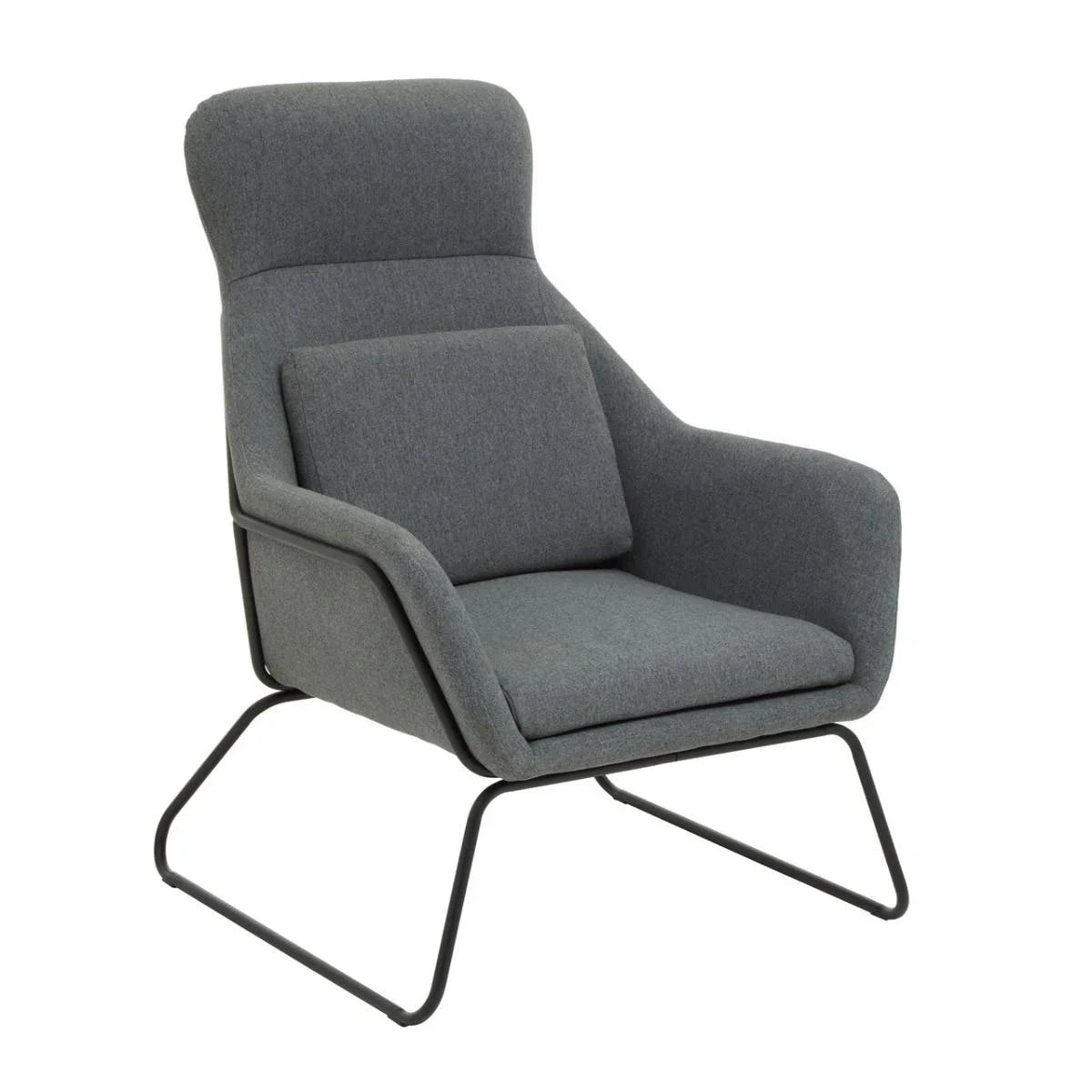Grey fabric accent armchair with metal legs and cushion, side angle view