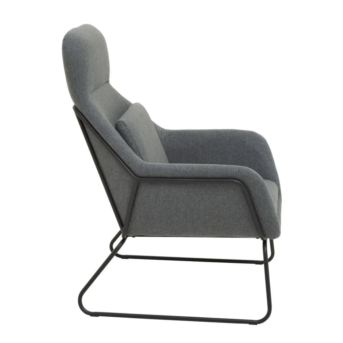 Grey fabric armchair with black metal frame shown from the side
