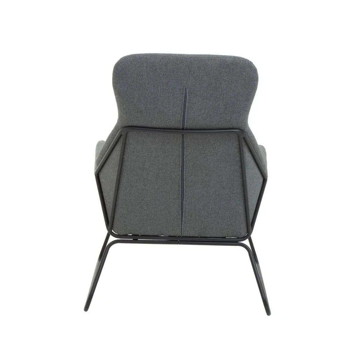 Rear view of grey upholstered accent chair with slim black metal frame and legs