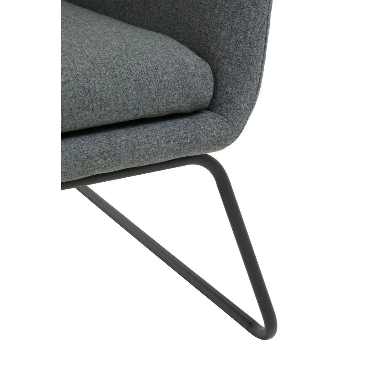 Grey fabric chair seat with curved back and black metal sled leg