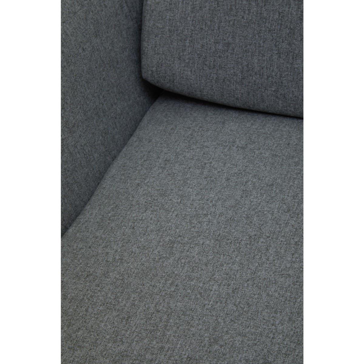 Close detail of grey fabric sofa seat and cushion corner