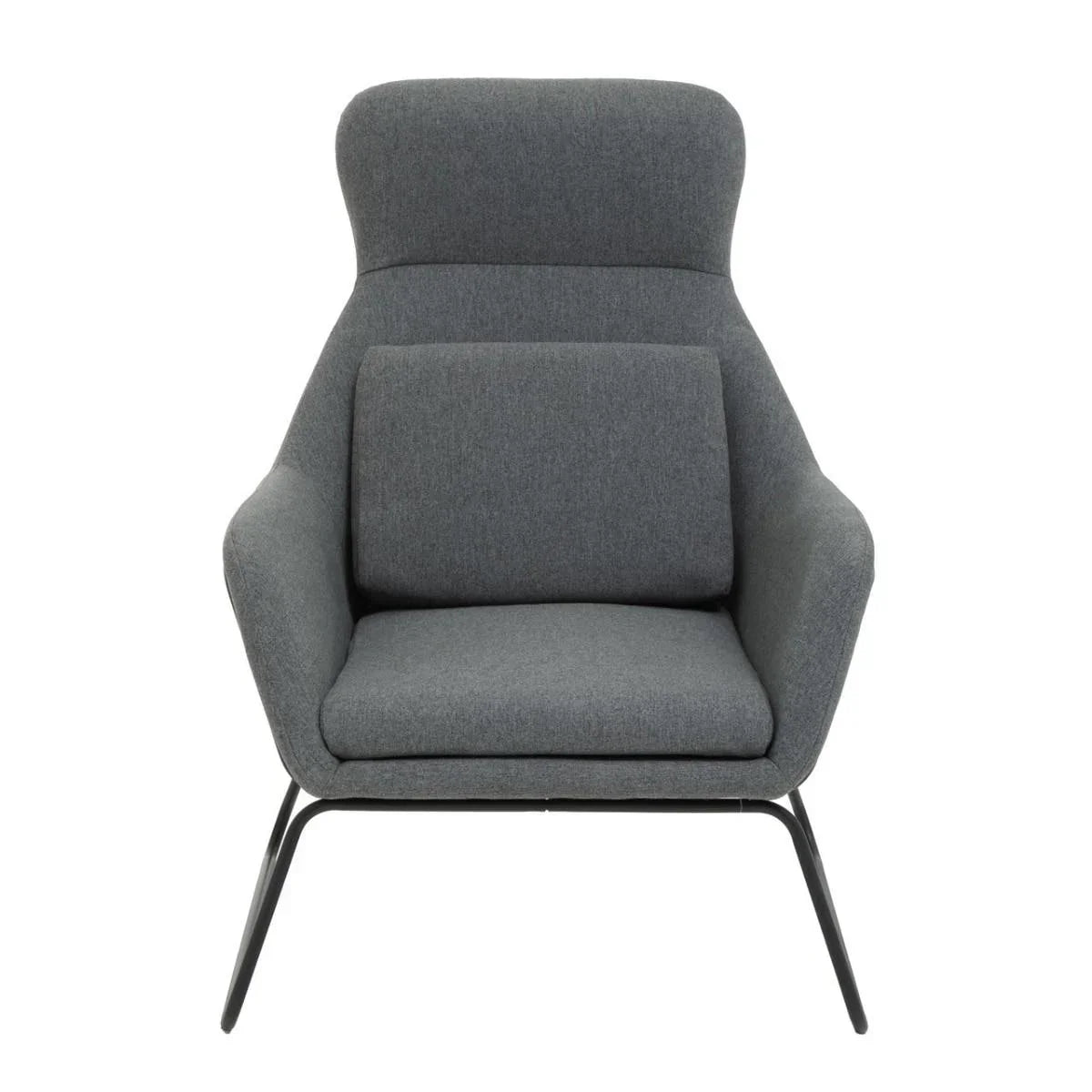 Grey fabric accent chair with high backrest and metal legs