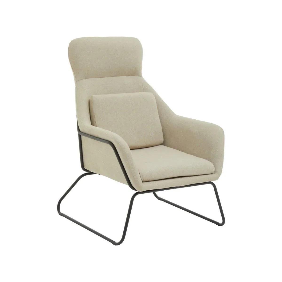 Beige fabric accent chair with black metal frame and angled armrests, side view