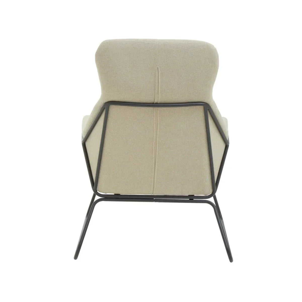 Beige accent chair with black metal frame and soft upholstered backrest, rear view
