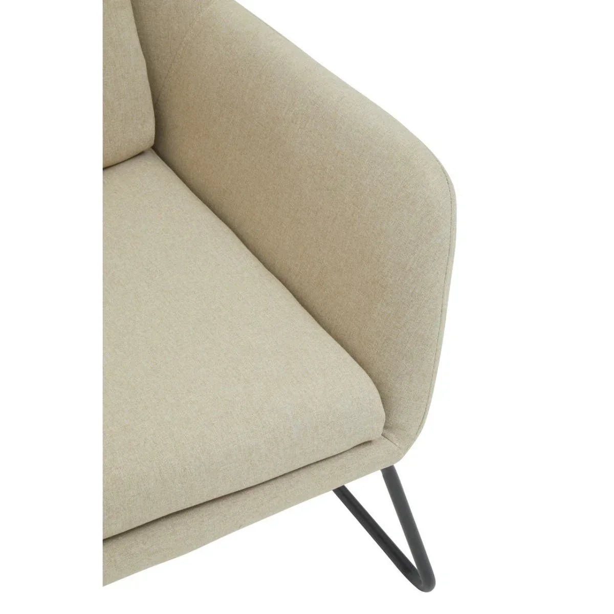 Beige fabric sofa close-up with angled metal leg and cushioned seat