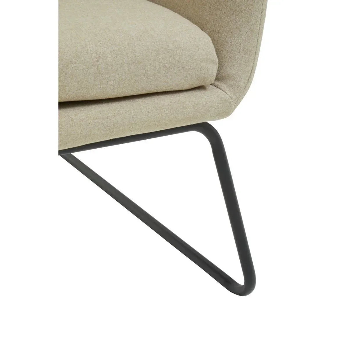 Beige fabric chair seat closeup with black metal frame and modern angled leg design