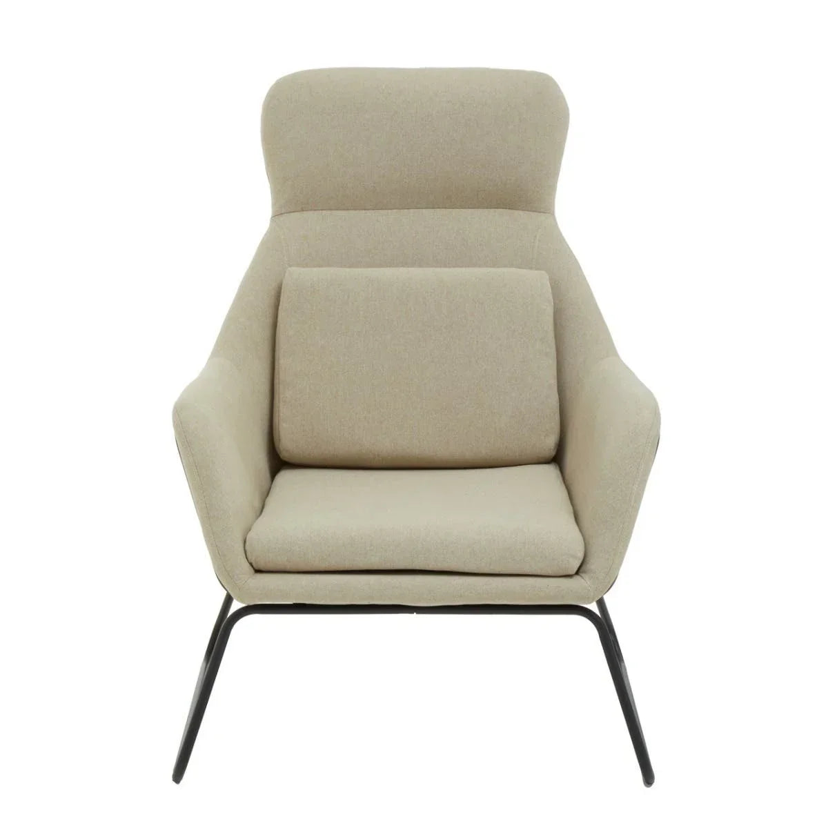 Beige fabric accent chair with padded seat and black metal legs, front view