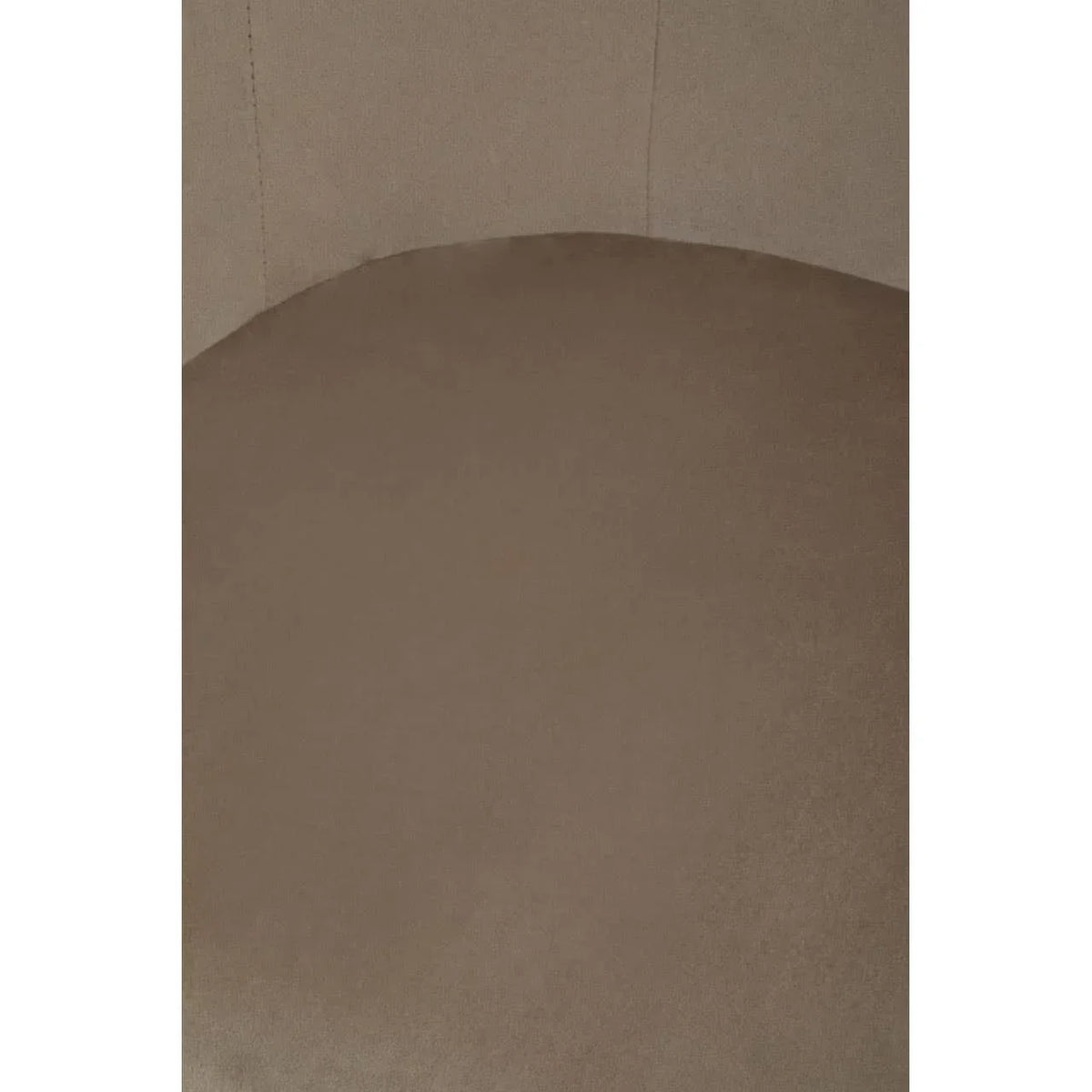 Closeup of taupe upholstered dining chair seat with curved backrest