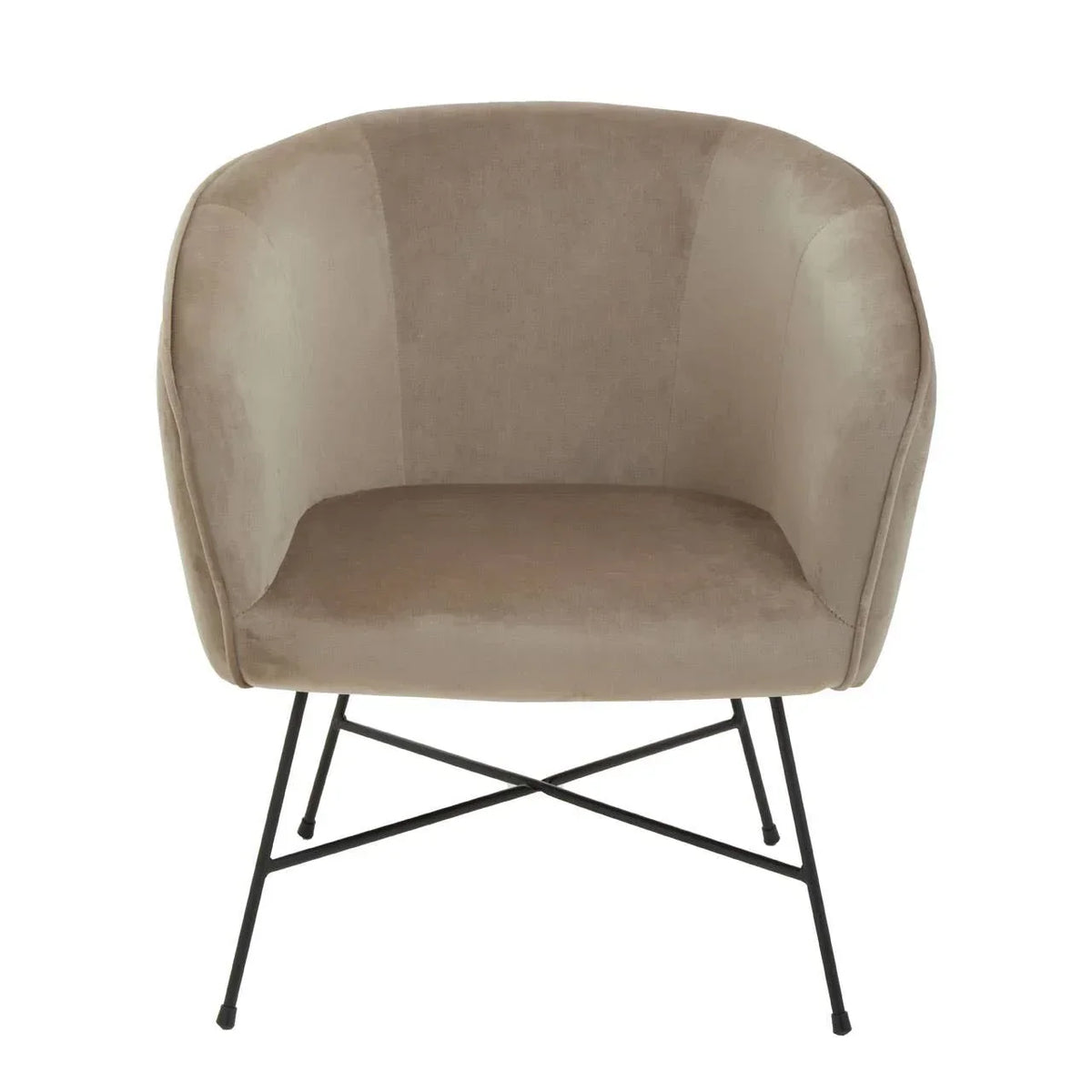 Beige fabric accent chair with curved backrest and slim black metal legs