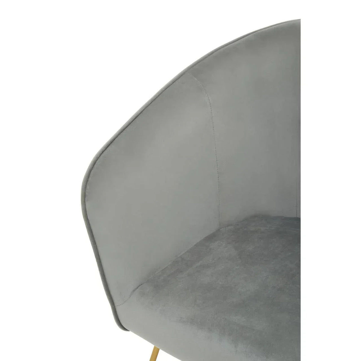 Close view of grey velvet accent chair seat and backrest with gold metal legs