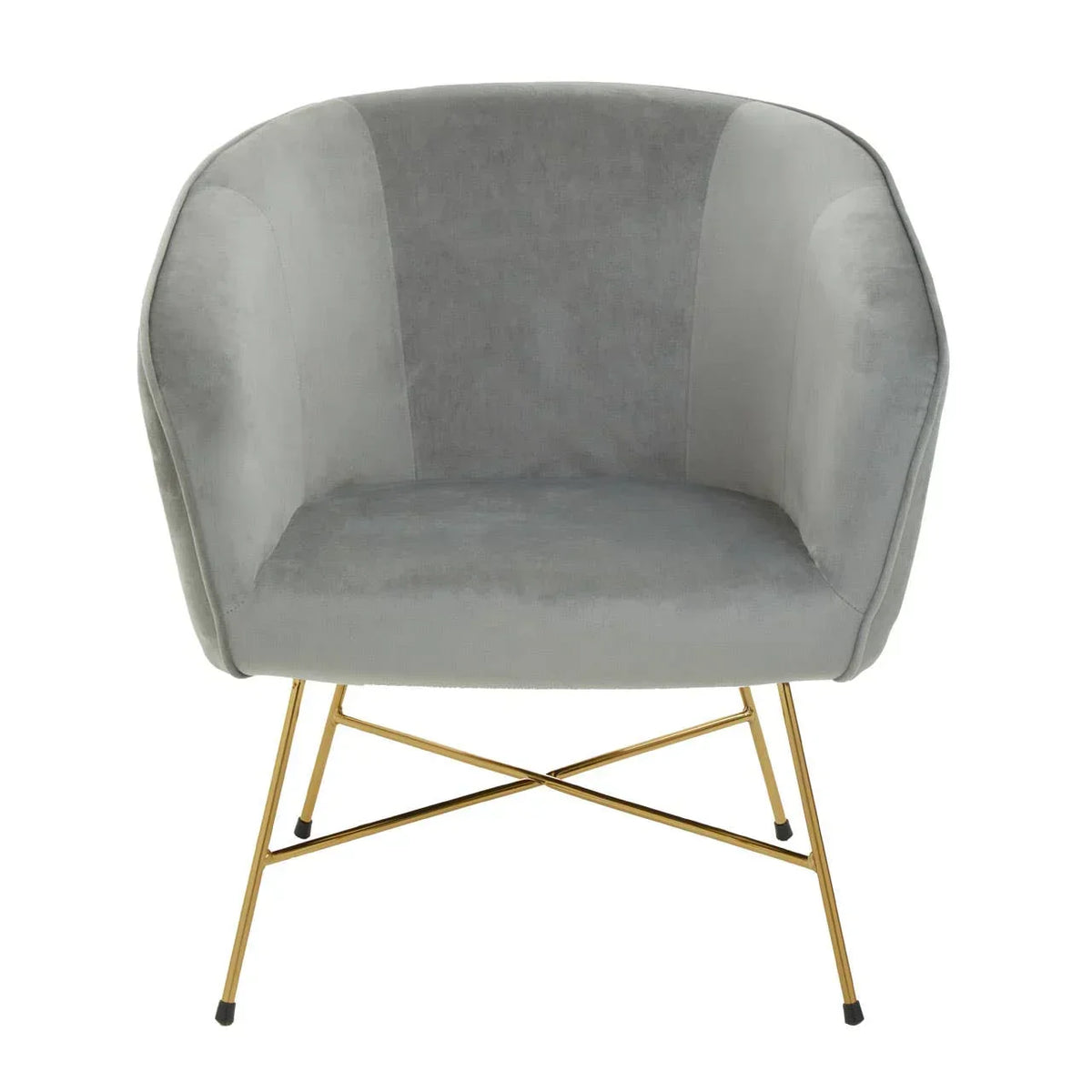 Grey velvet accent chair with curved backrest and gold metal legs front view