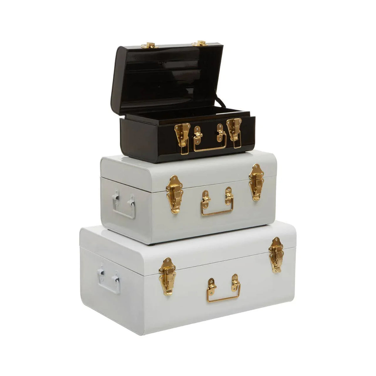 Set of three metal storage trunks with gold handles, black and white, stacked on white background