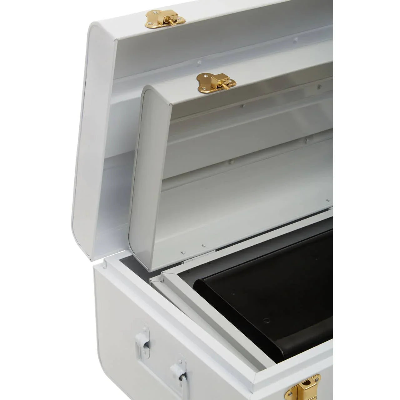 White metal storage trunk with open lid and gold latches, showing interior compartments