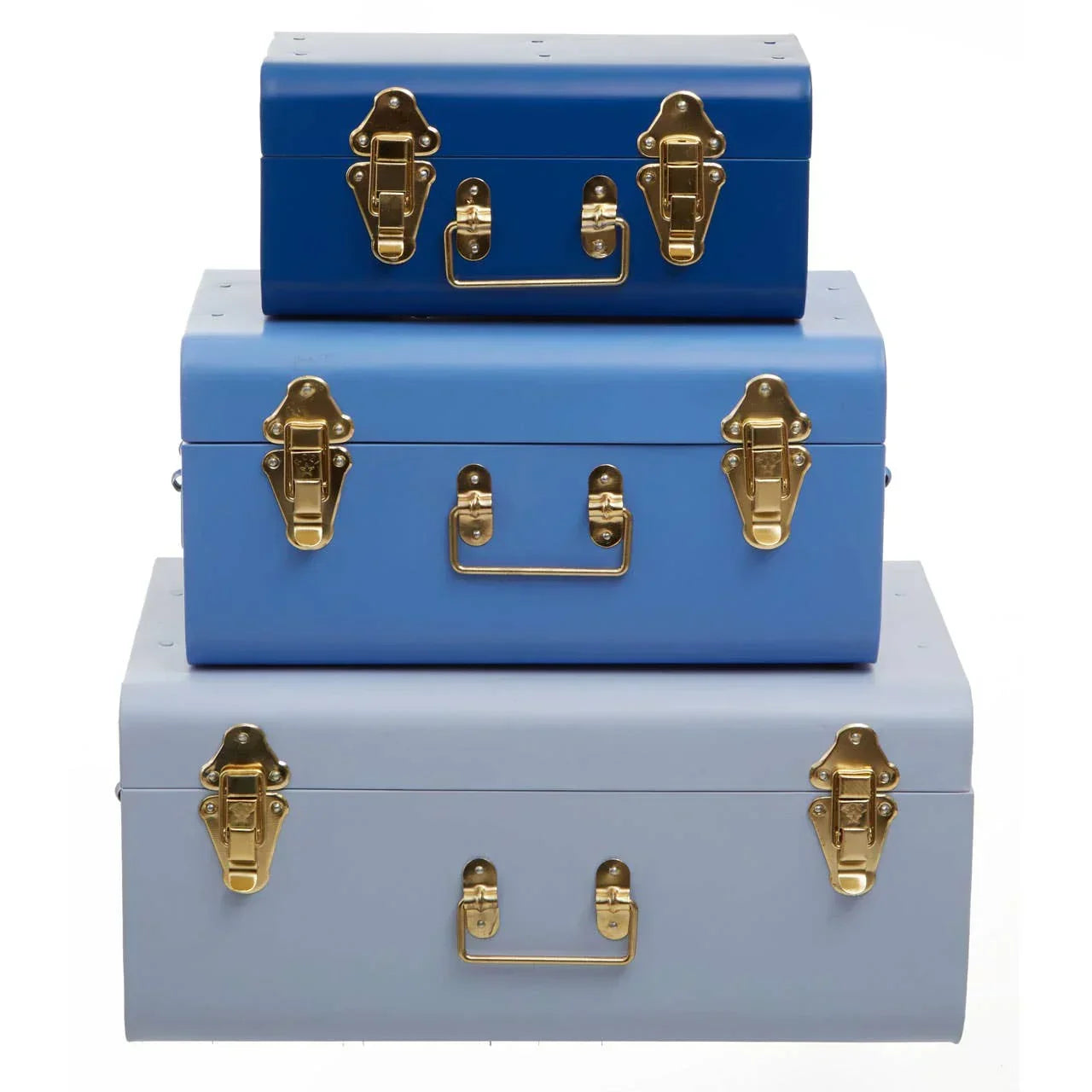 Set of three metal storage trunks in blue tones with gold latches and handles, stacked front view