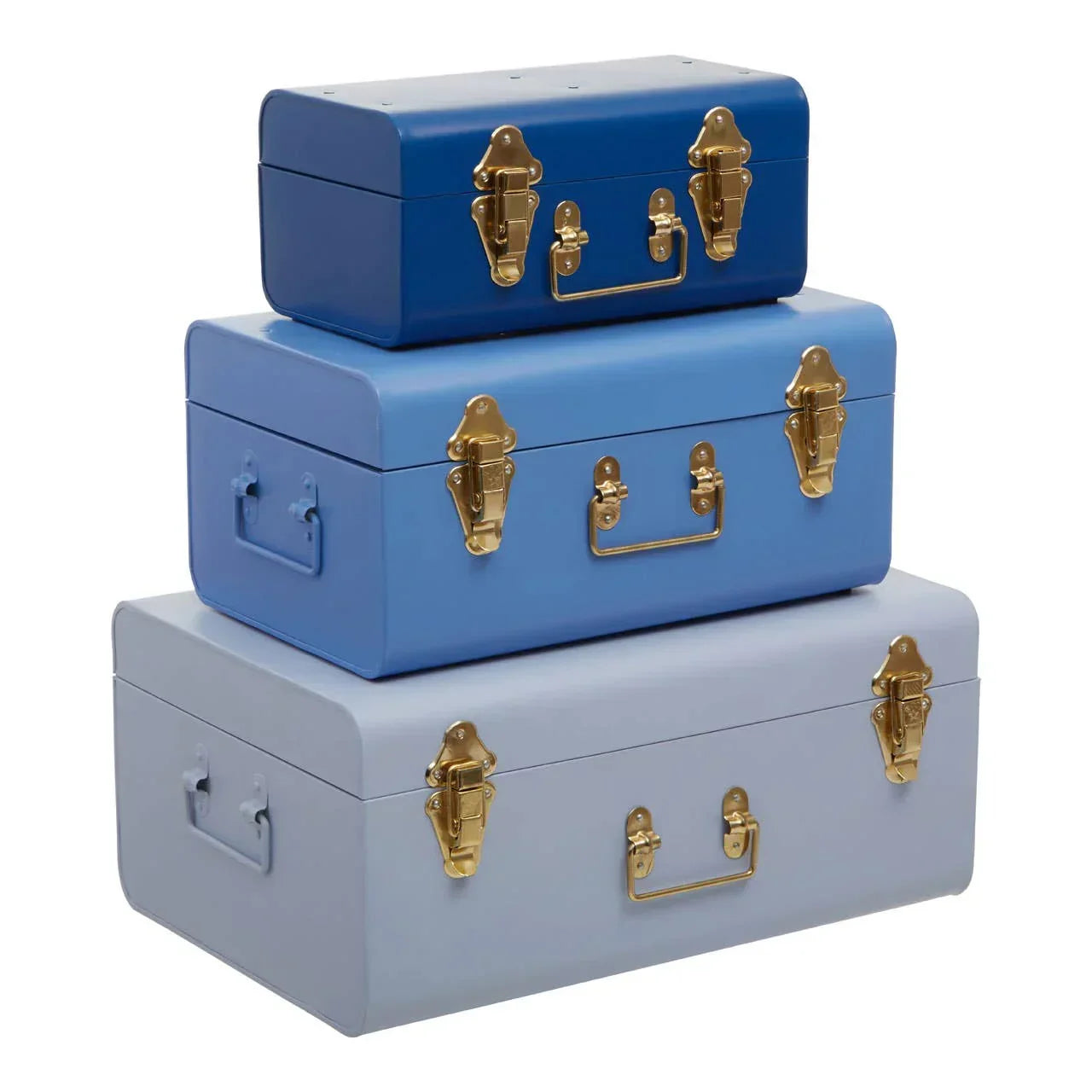 Set of three blue metal storage trunks with gold clasps and handles stacked together