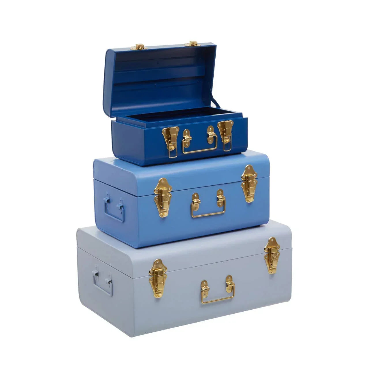 Set of three blue metal storage trunks with gold latches, top trunk open