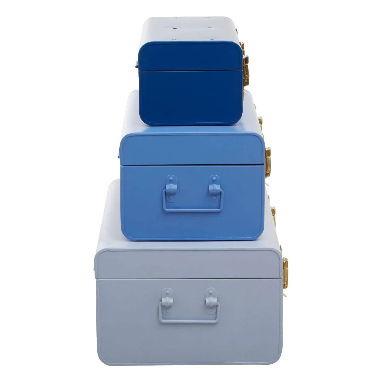 Set of three metal storage trunks in varying blue shades, stacked front view
