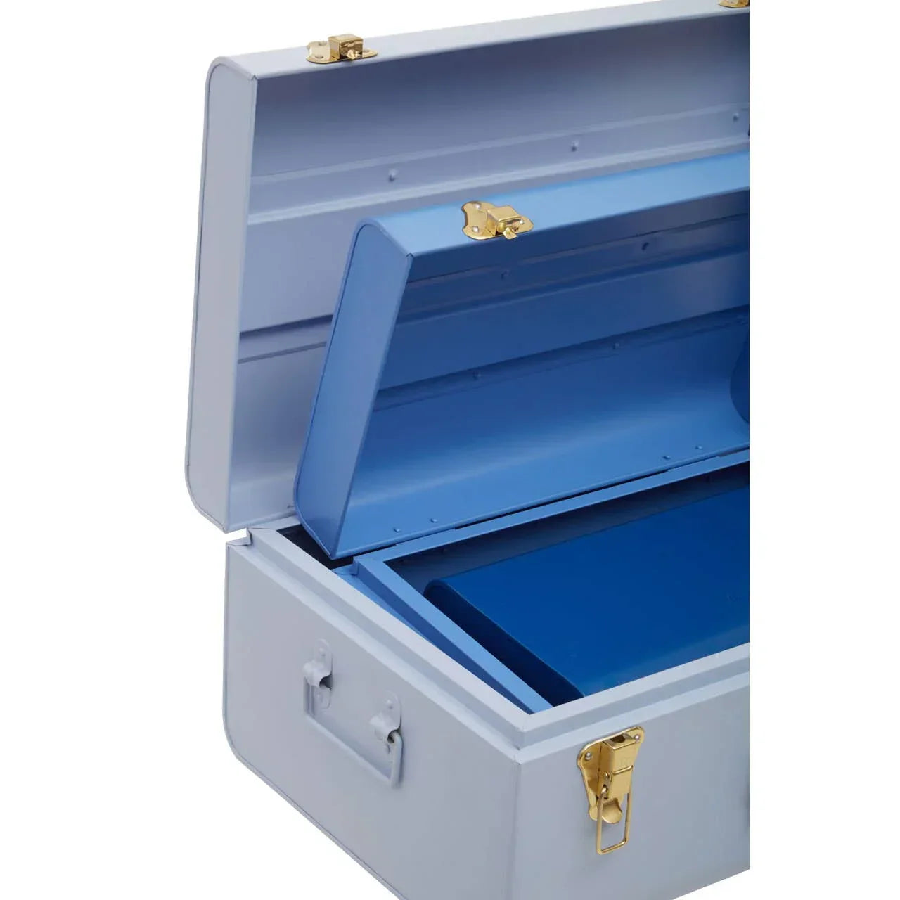 Light blue metal storage trunk with gold latches and lift-out internal tray