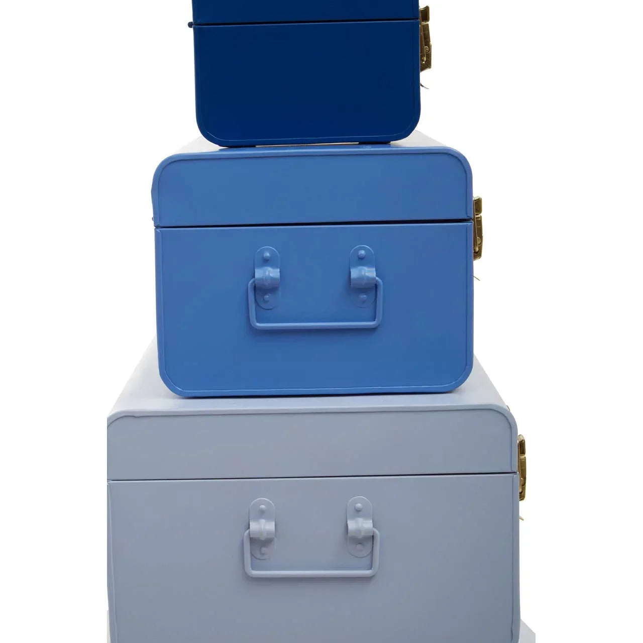 Set of three blue metal storage trunks with handles and gold clasps, stacked vertically