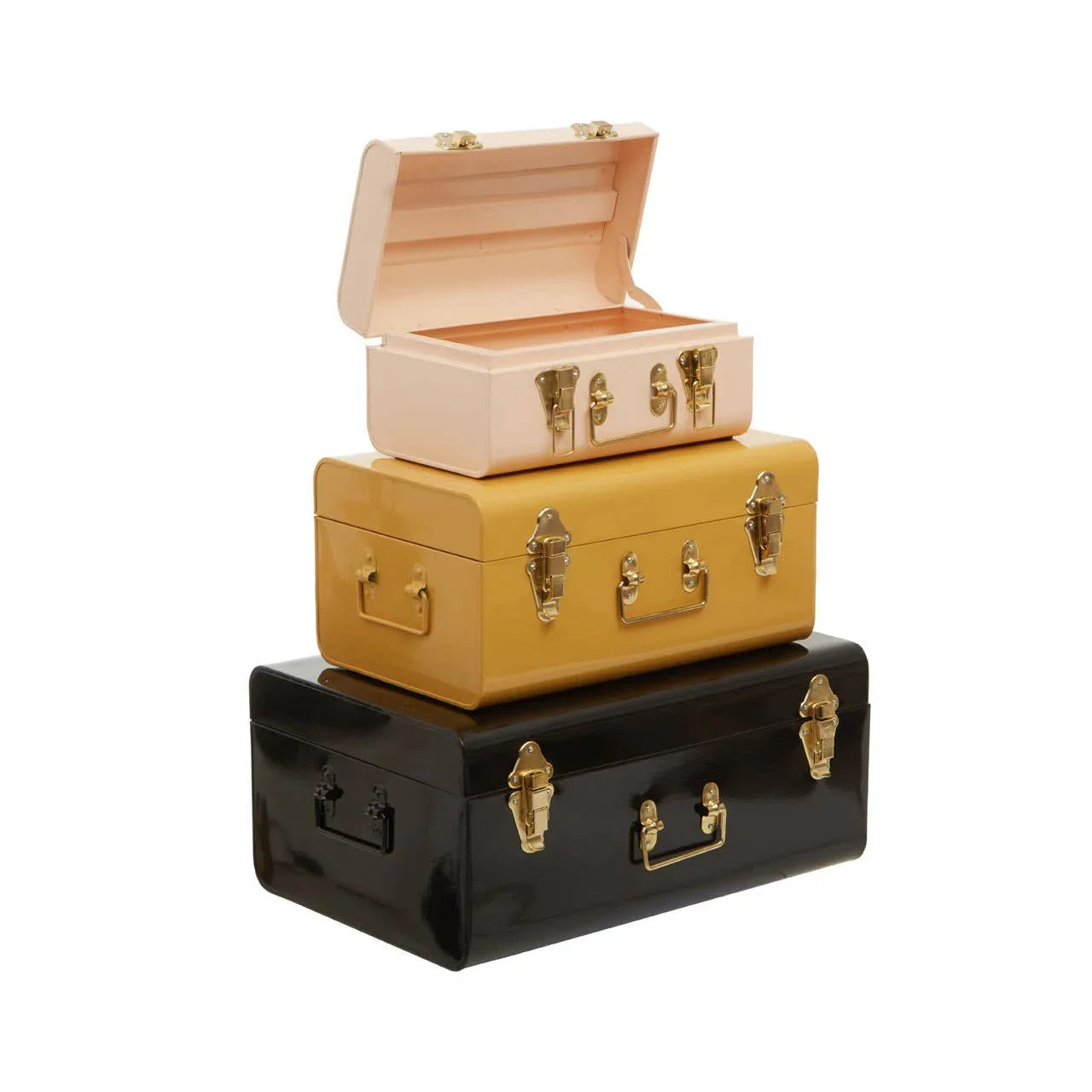 Set of three metal storage trunks in pink, yellow, and black with gold latches, stacked