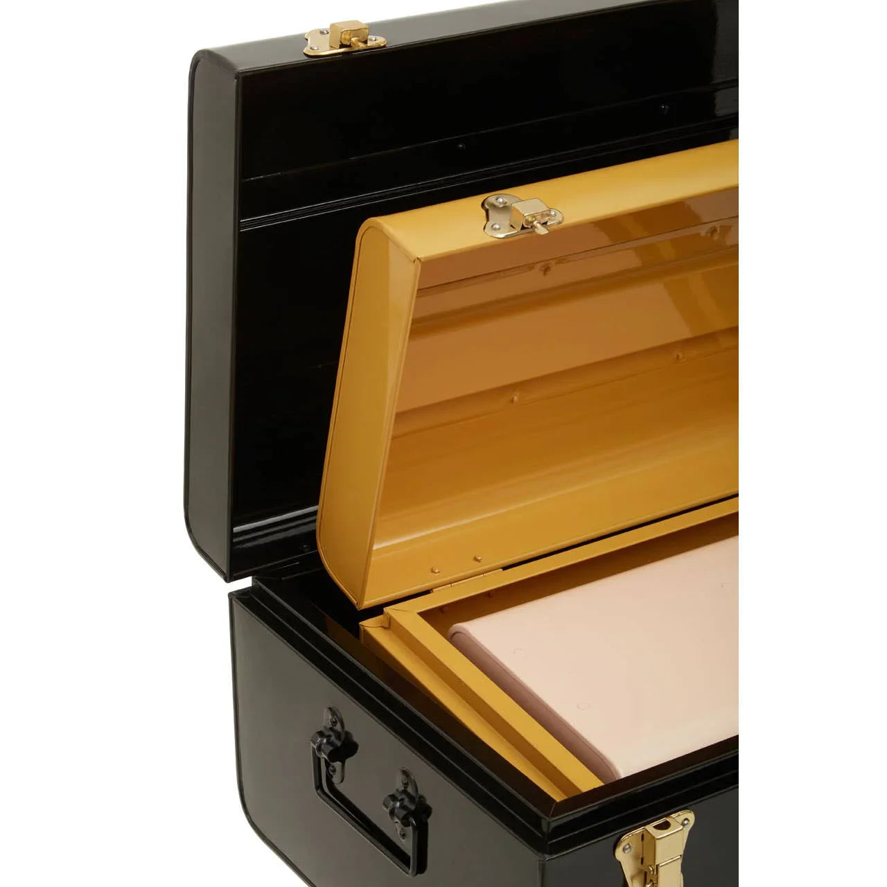 Black metal storage trunk with open yellow interior and secure latches, angled top view