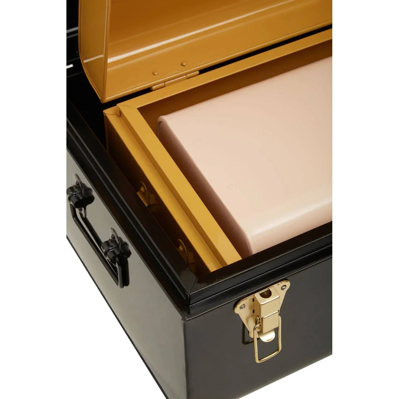 Black metal storage trunk with gold latch and inner yellow compartment