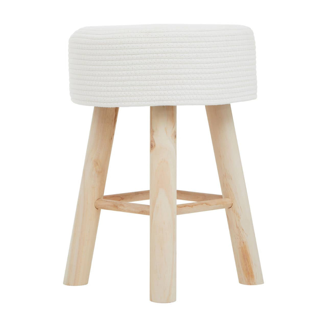 A white cotton rope stool with a rounded top and four natural wood legs, showcasing a minimalist design suitable for home decor
