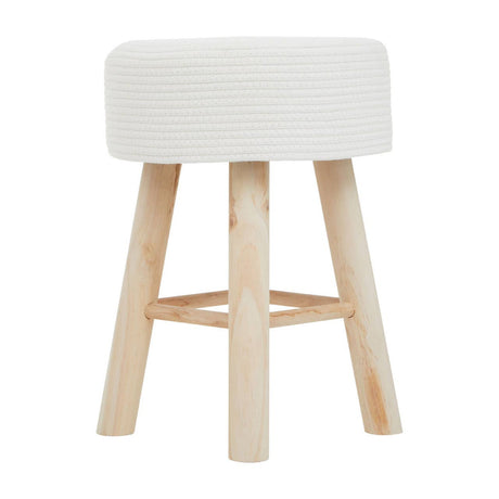 A white cotton rope stool with a rounded top and four natural wood legs, showcasing a minimalist design suitable for home decor