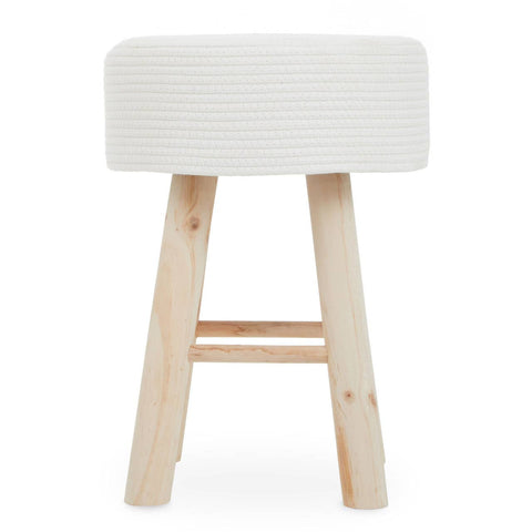 A white cotton rope stool with a rounded top and natural wood legs, featuring a simple and modern design suitable for home decor