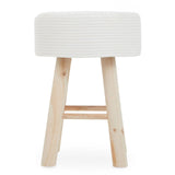 A white cotton rope stool with a rounded top and natural wood legs, featuring a simple and modern design suitable for home decor