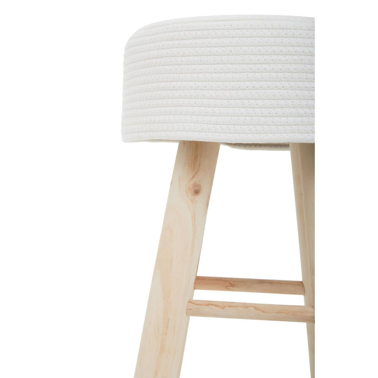 White cotton rope stool with a rounded top and natural wood legs, showcasing a minimalist design suitable for home decor