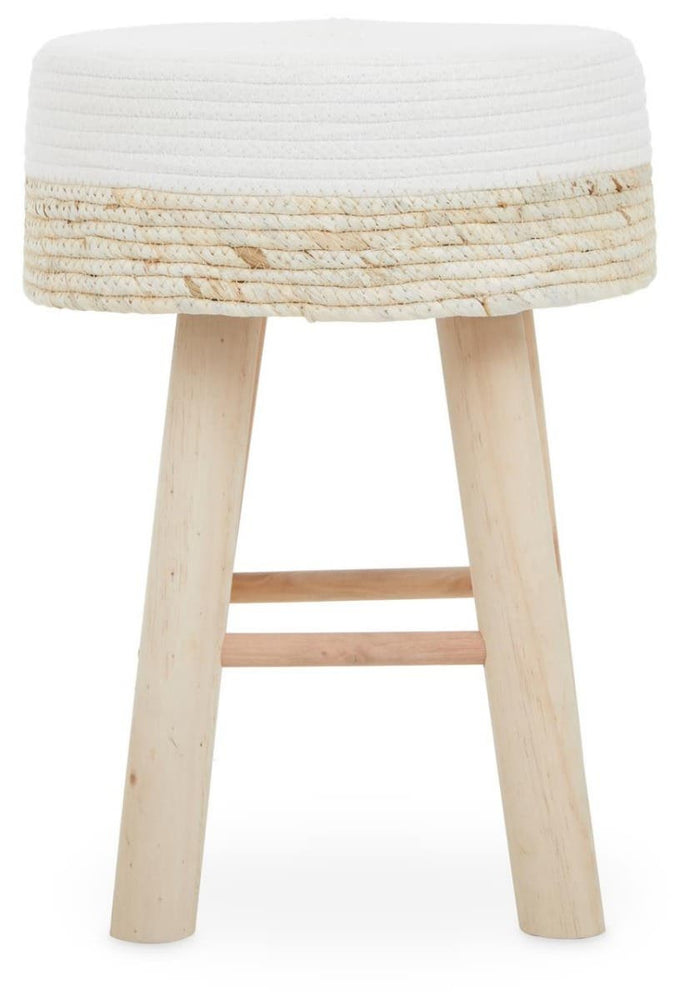 Natural wood stool with a round white cushioned top and light wooden legs, featuring a horizontal support bar between the legs for added stability
