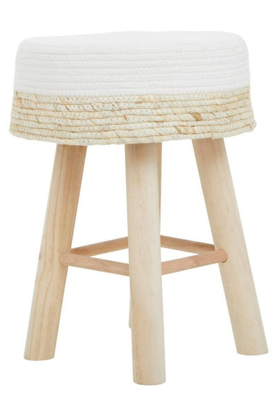 Natural wood stool with a round white cushioned seat and four light wooden legs, featuring a crossbar for added stability. The design combines a minimalist aesthetic with a soft, neutral color palette