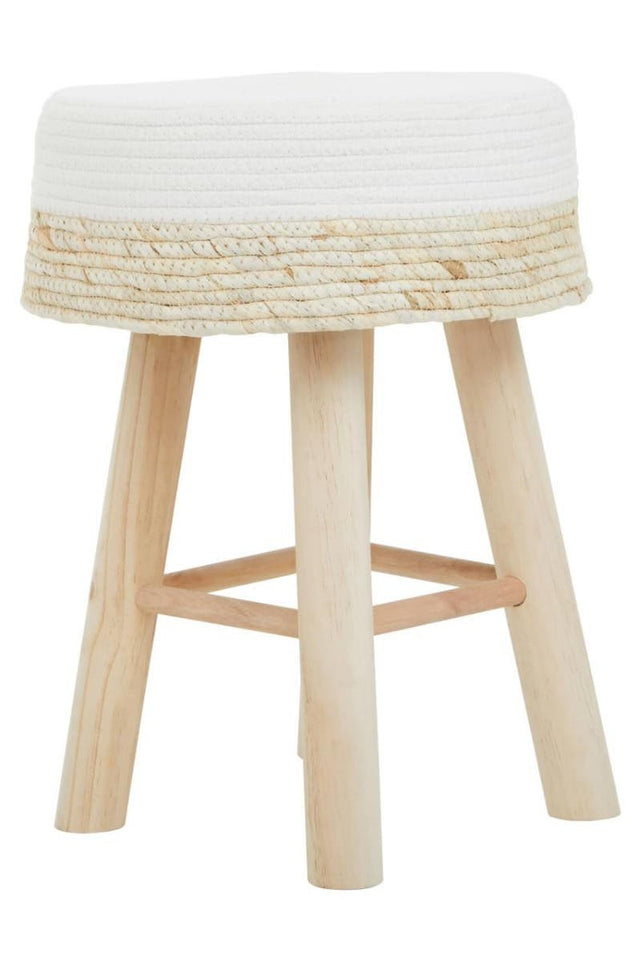 Natural wood stool with a round white cushioned seat and four light wooden legs, featuring a crossbar for added stability. The design combines a minimalist aesthetic with a soft, neutral color palette
