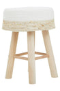 Natural wood stool with a round white cushioned seat and four light wooden legs, featuring a crossbar for added stability. The design combines a minimalist aesthetic with a soft, neutral color palette