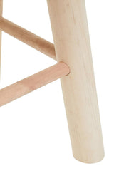 Natural wood stool with a white seat and light wooden legs, featuring a crossbar for added stability. The legs are cylindrical and smooth, showcasing a minimalist design