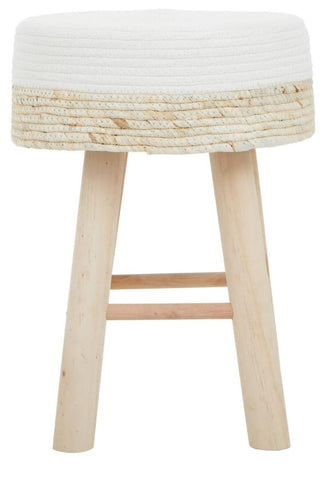Natural wood stool with a round white cushioned top and three light wooden legs, featuring a horizontal support bar between the legs for added stability. The design combines a minimalist aesthetic with a soft, inviting appearance