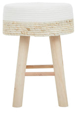 Natural wood stool with a round white cushioned top and three light wooden legs, featuring a horizontal support bar between the legs for added stability. The design combines a minimalist aesthetic with a soft, inviting appearance