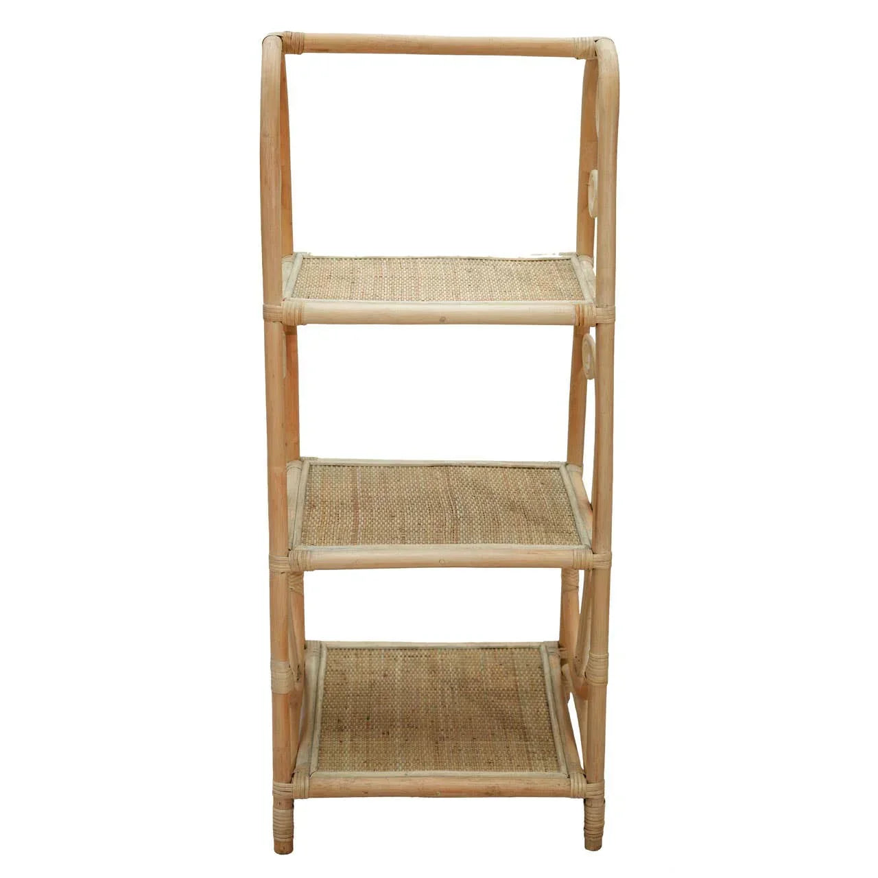 Natural rattan shelving unit with three open shelves and curved frame, front view