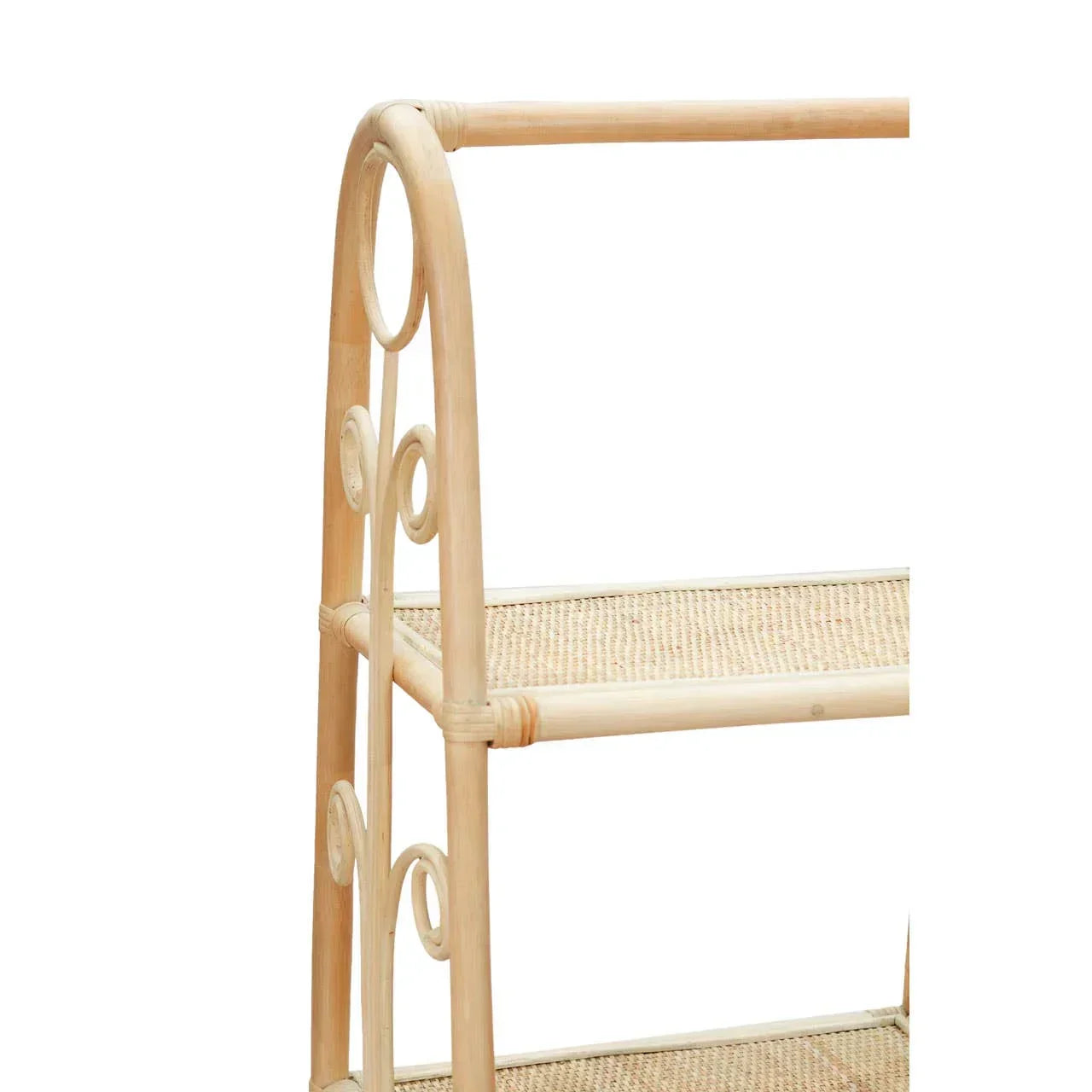 Rattan shelving unit side view with woven shelves and decorative scroll frame detail