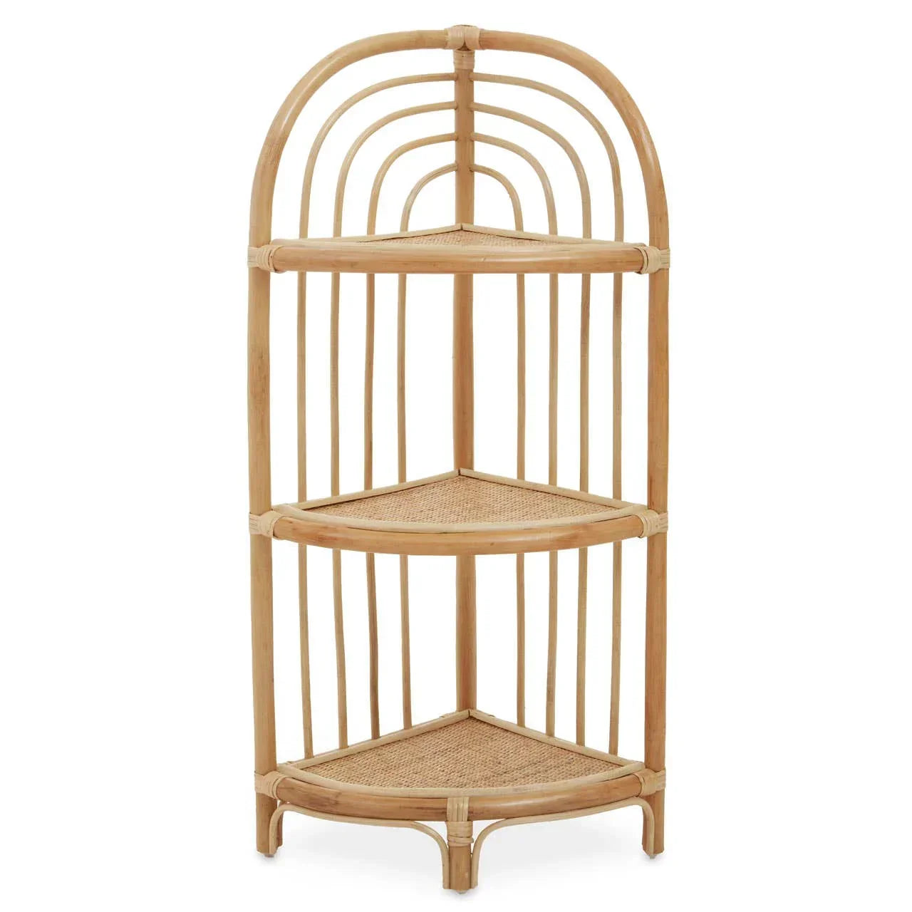 Three tier rattan corner shelving unit with arched frame and natural woven shelves