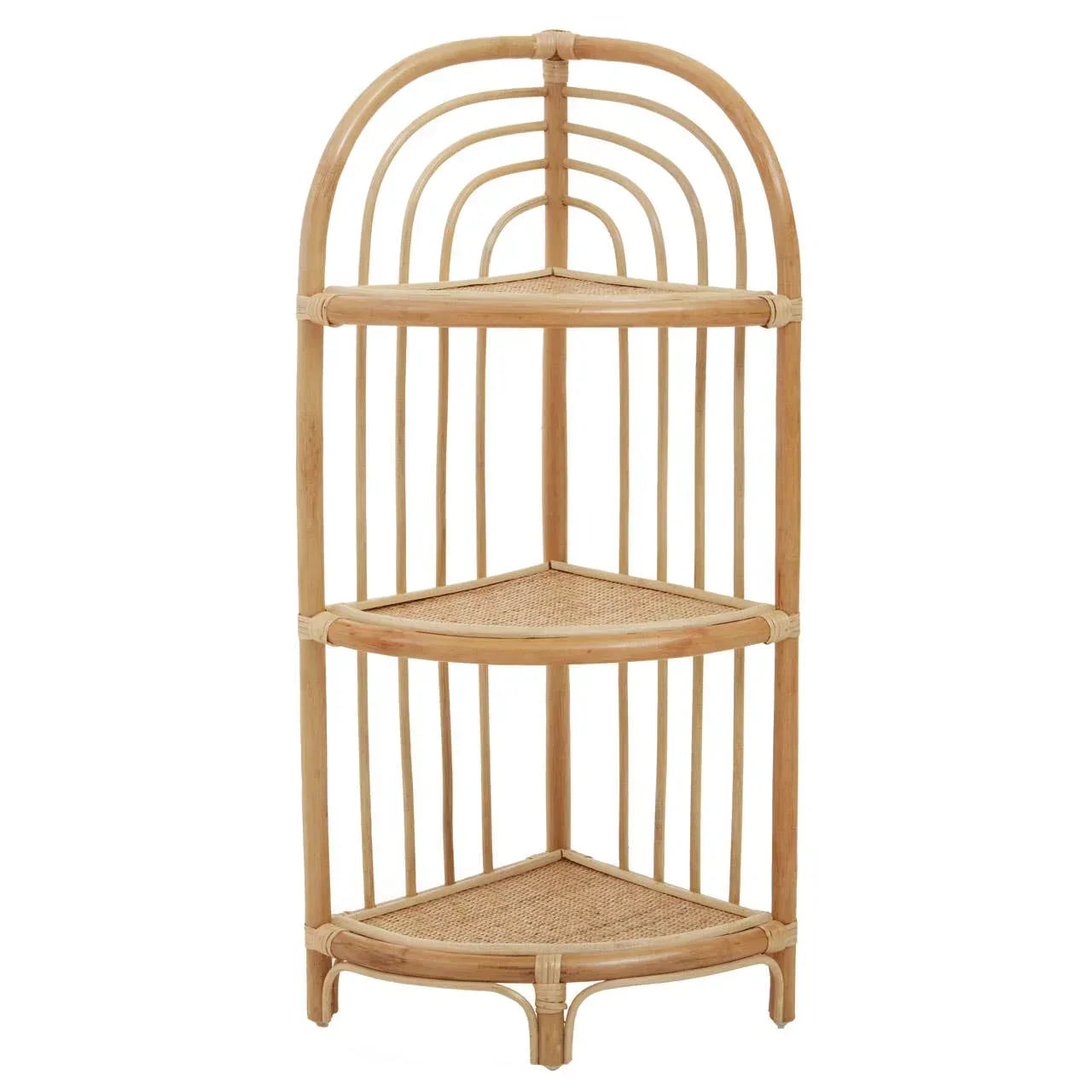 Natural rattan corner shelving unit with three tiers and curved frame