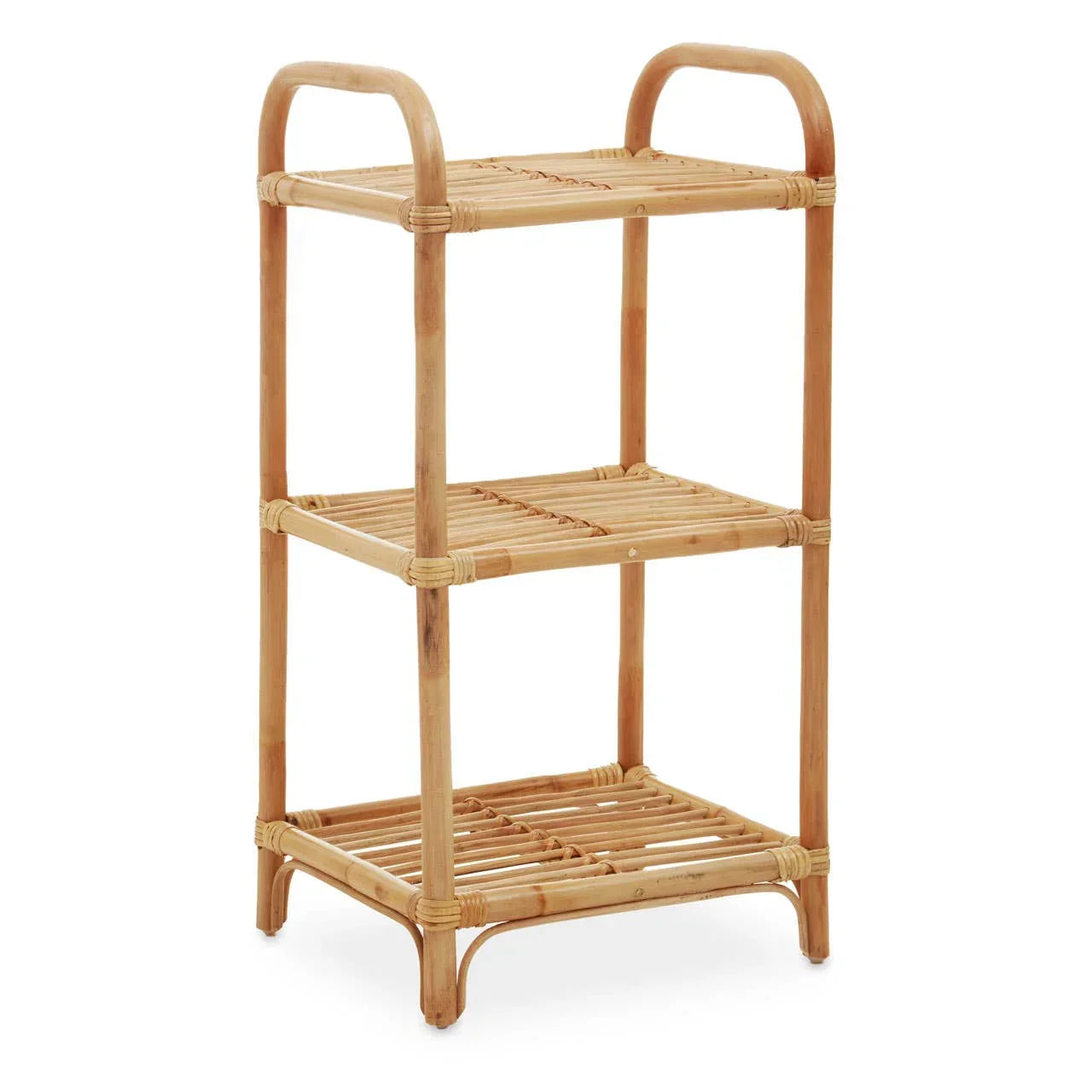 Three tier bamboo storage shelf with open slatted design and rounded corners