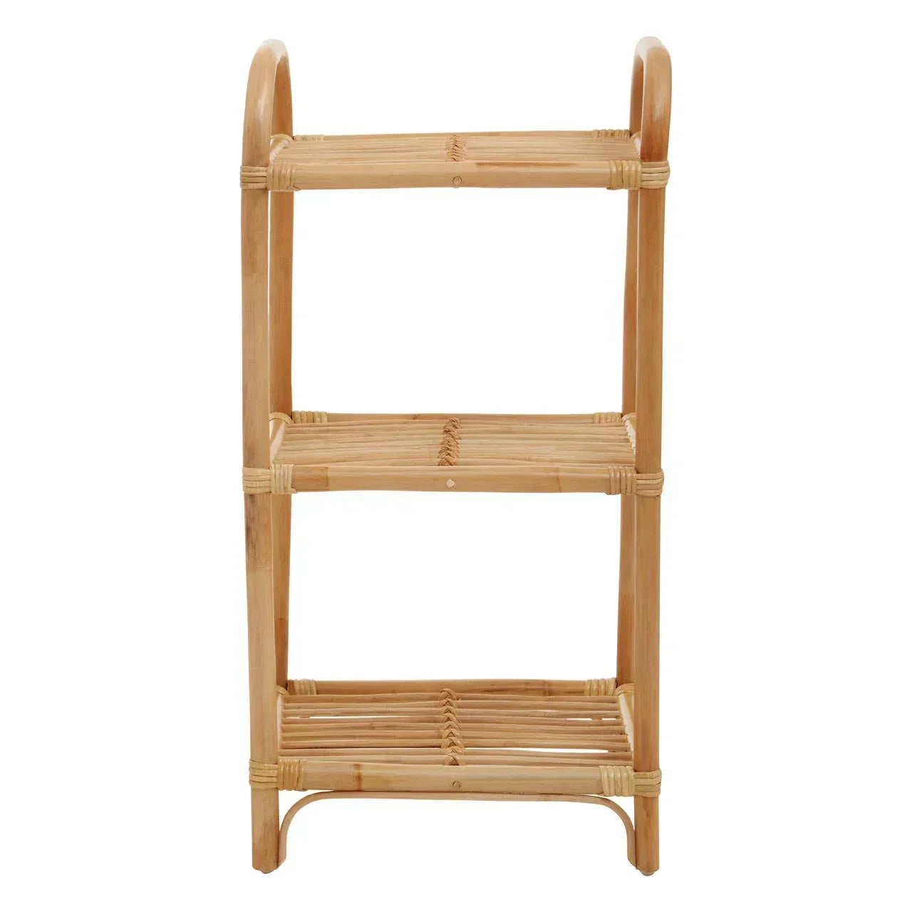 Three tier bamboo shelving unit with curved sides on white background