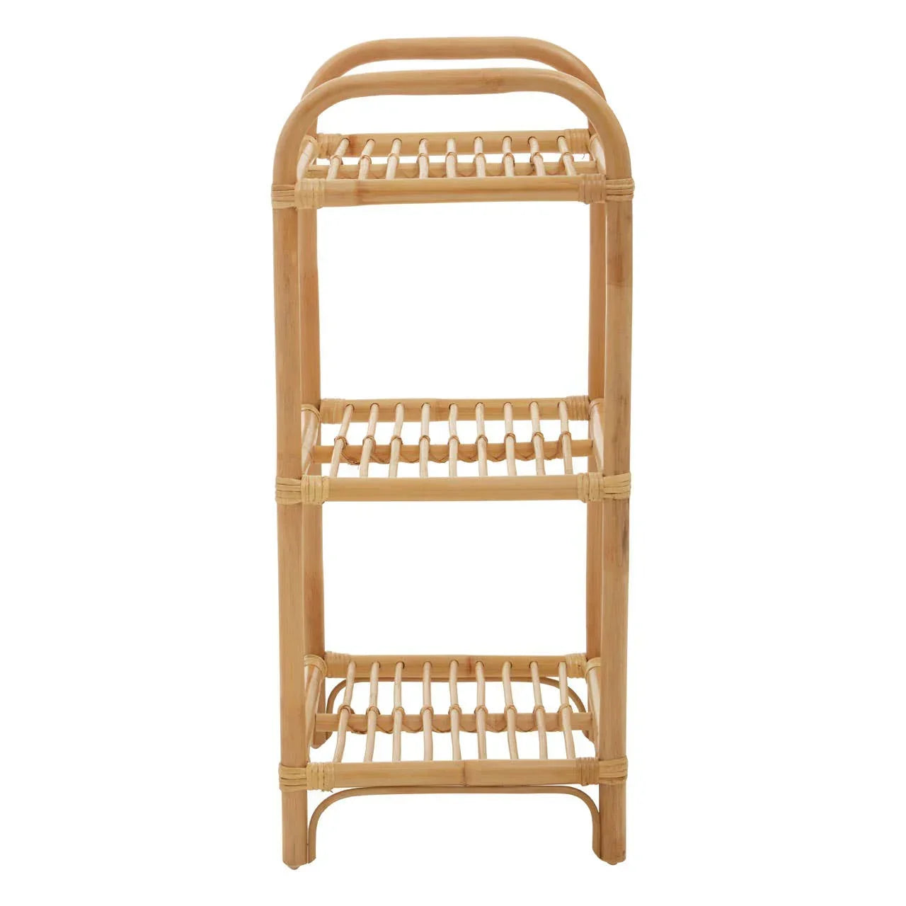Three tier bamboo storage shelf with open slatted design and rounded corners