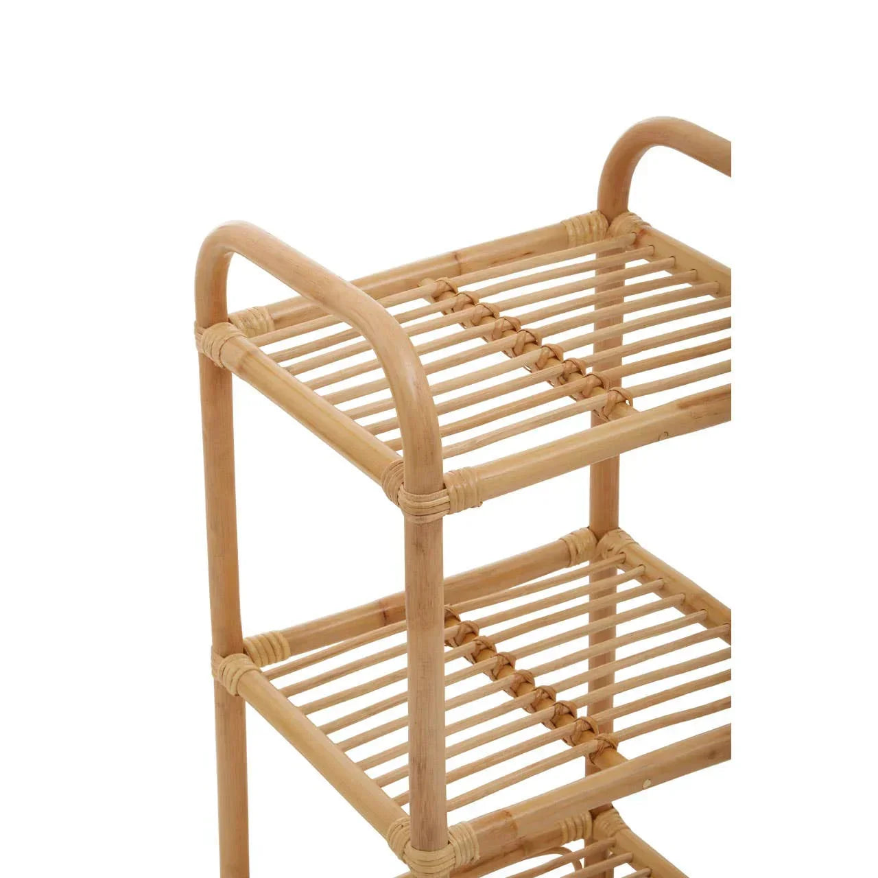 Natural rattan shelving unit with rounded edges and two open shelves