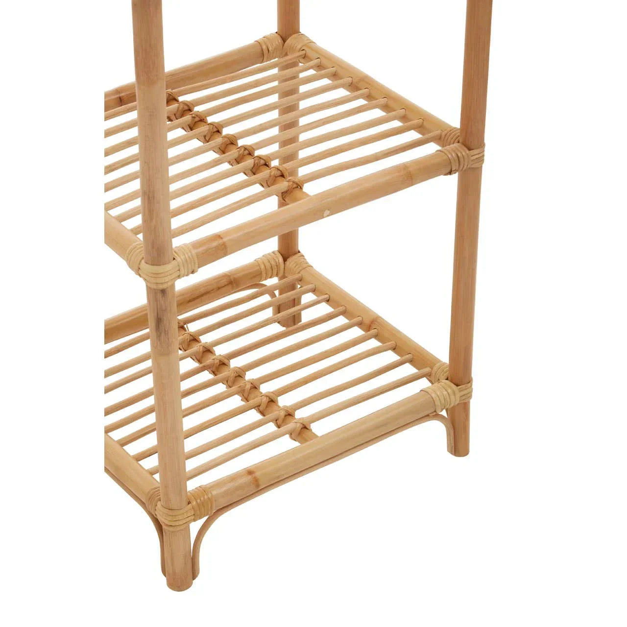 Natural rattan shelving unit with two open slatted shelves and rounded legs