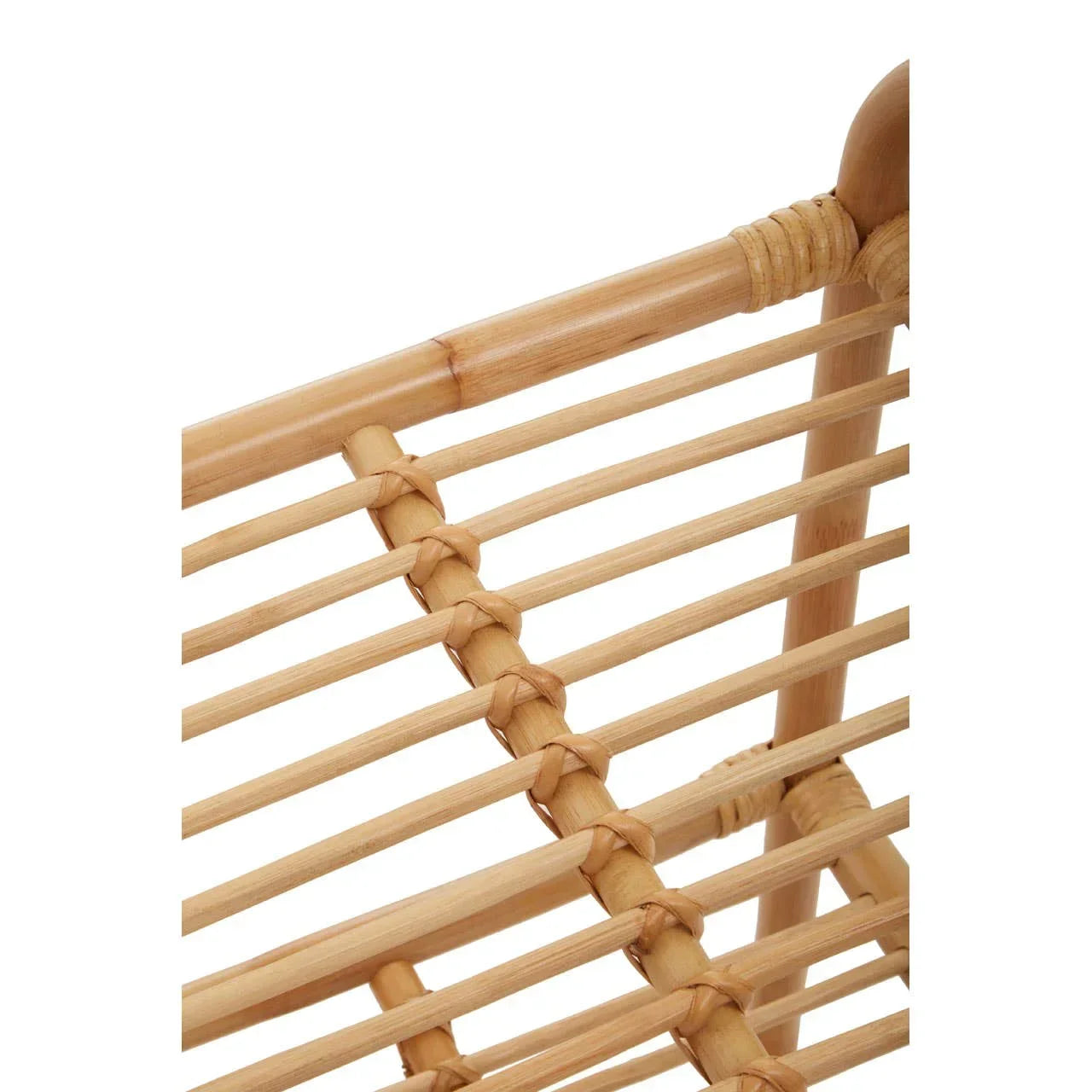 Close view of natural rattan chair backrest with woven frame detailing