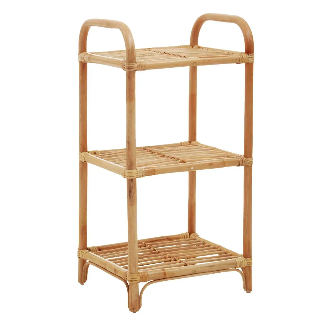 Three tier bamboo shelving unit with slatted shelves and rounded frame